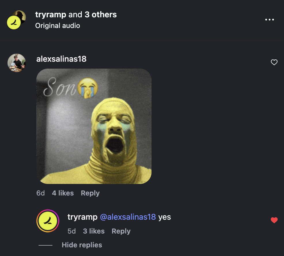 Ramp replying to my Instagram comment